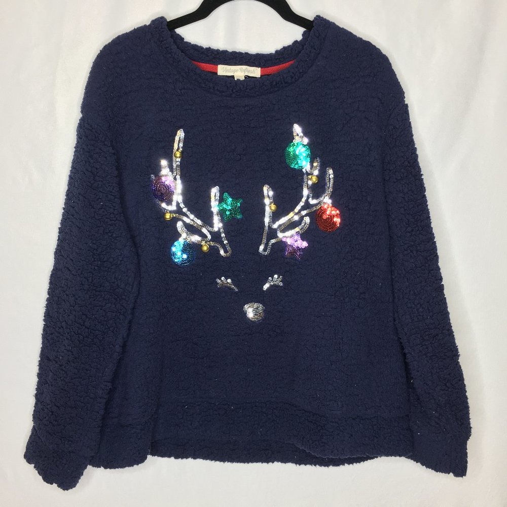 Vintage Refresh sherpa sequin reindeer christmas sweater with bells size XL AM5
